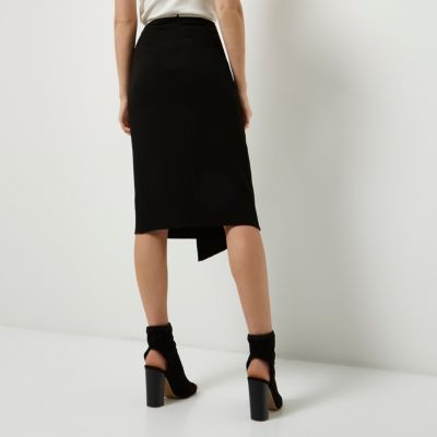 Black asymmetric wrap front midi skirt